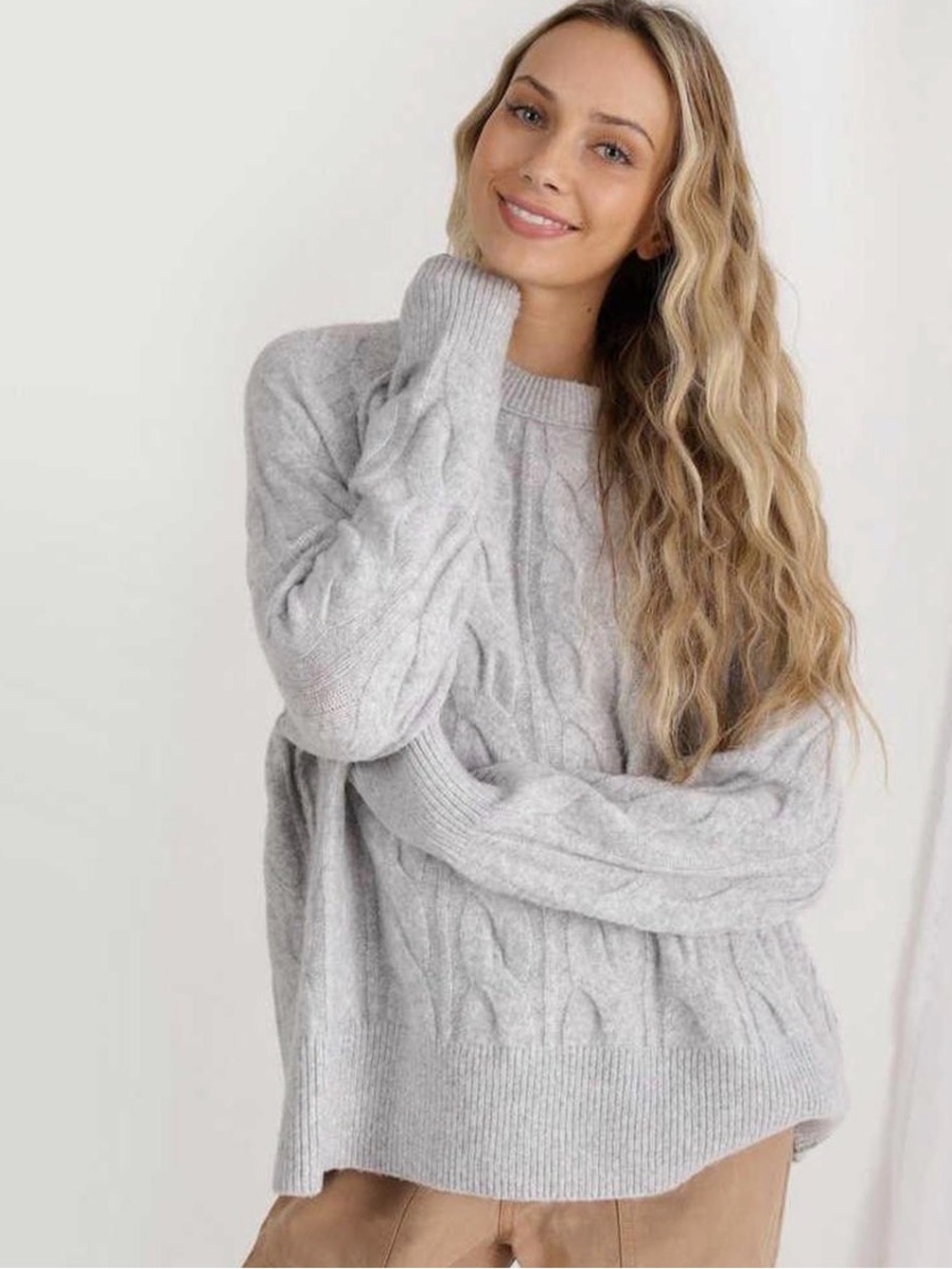 aerie Light Gray Cable Crew Neck Sweater